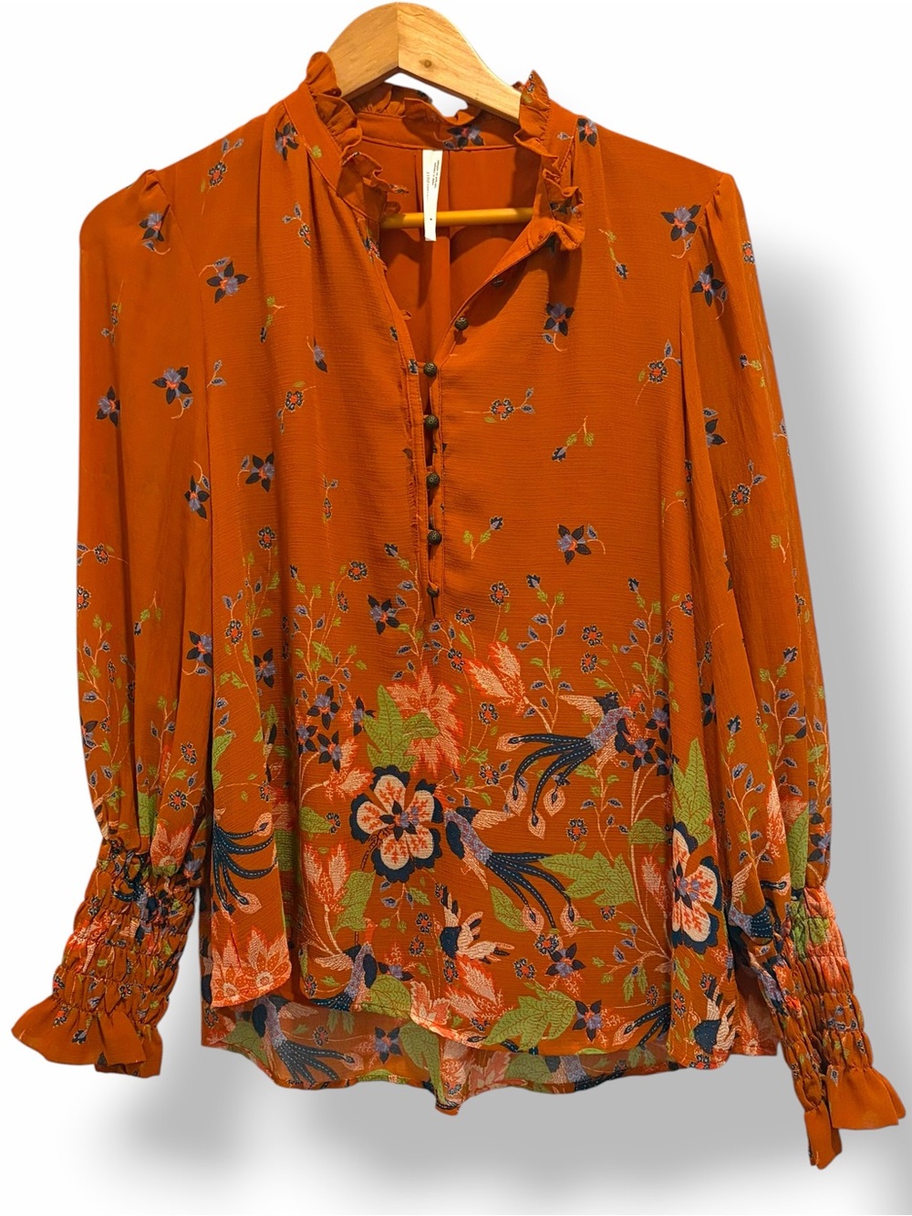 Anthropologie Maeve Orange Floral Boho Smocked Sleeve Blouse Top Size Medium - Picture 7 of 15